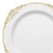 White with Gold Fancy Round Disposable Plastic Dinner Plates - 10.25" (120 Plates)